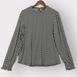 Adrianna Papell Blouse Women XL Dark Green Black White Geometric Long Sleeve V56